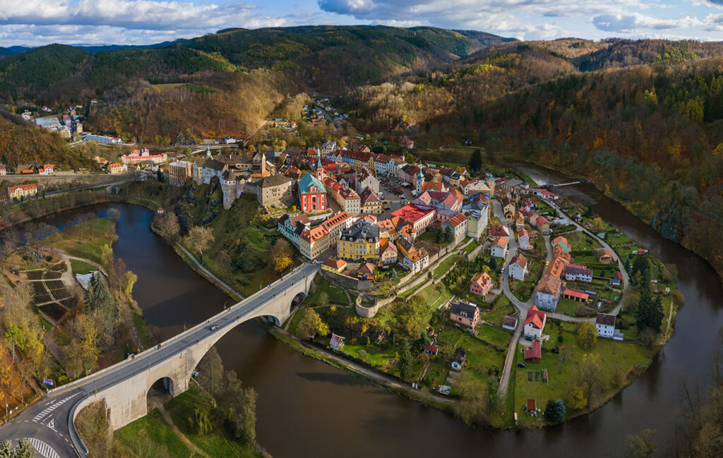 Aerial view of the town of Loket and the Ohře River in the Karlovy Vary region