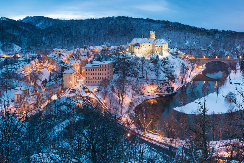 Romantic evening Loket in winter, Karlovy Vary region