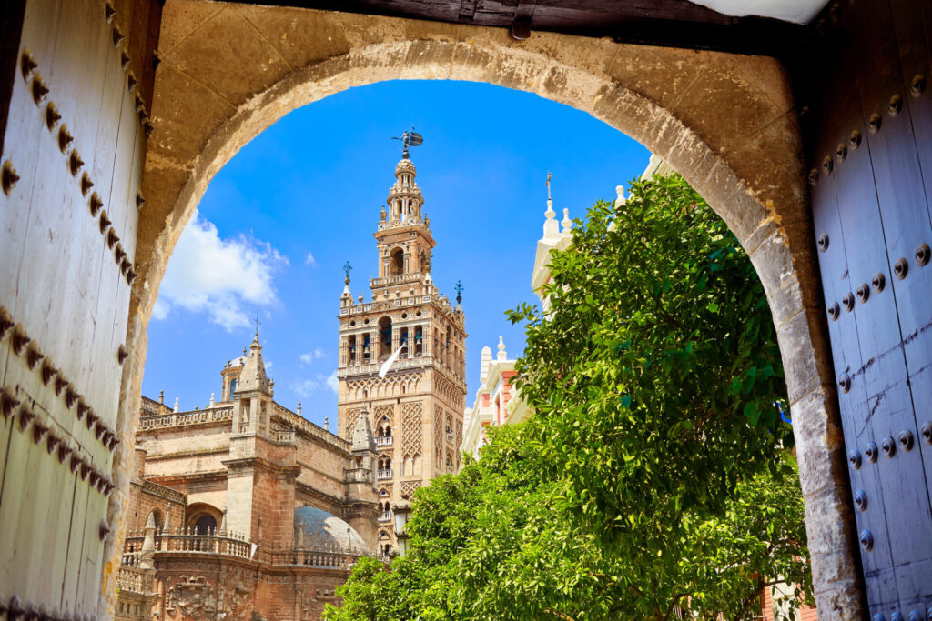 Seville Cathedral and Giralda tower, view from the Alcázar palace