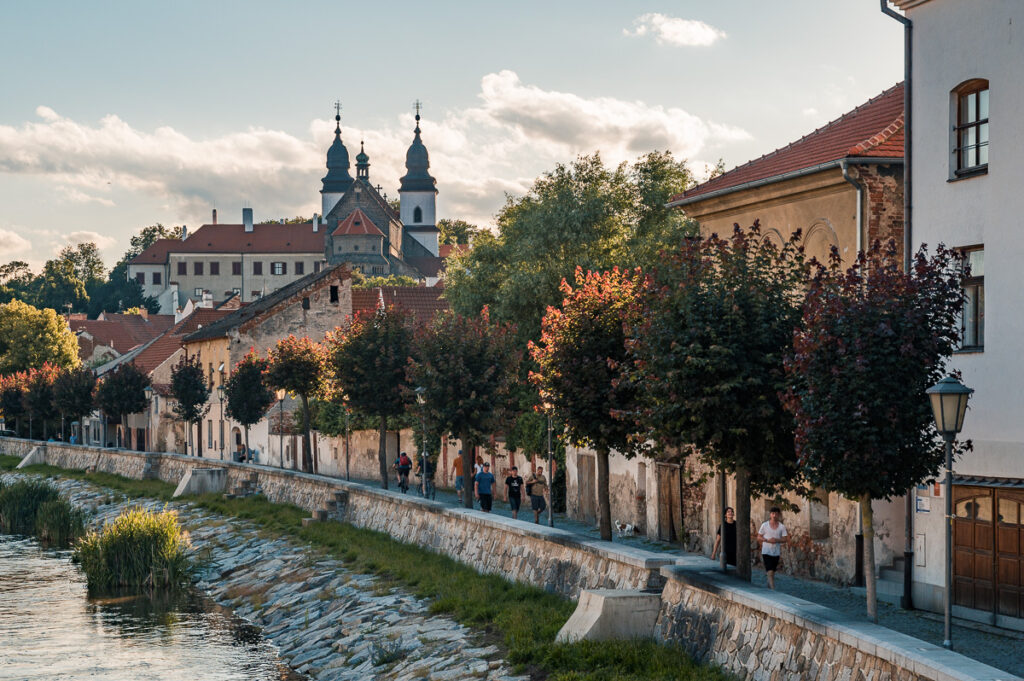 Jihlava River in Třebíč, with a view of the UNESCO St. Procopius Basilica 
