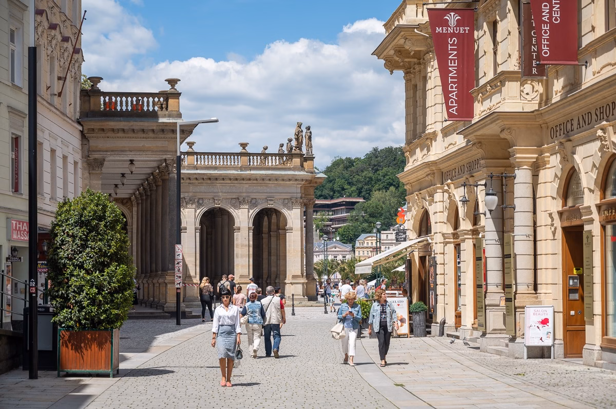 Spa promenade in Karlovy Vary with a view of the Mill Colonnade