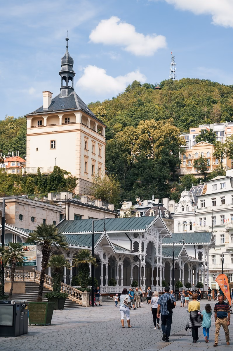 View of the Market and Castle Colonnades in central Karlovy Vary