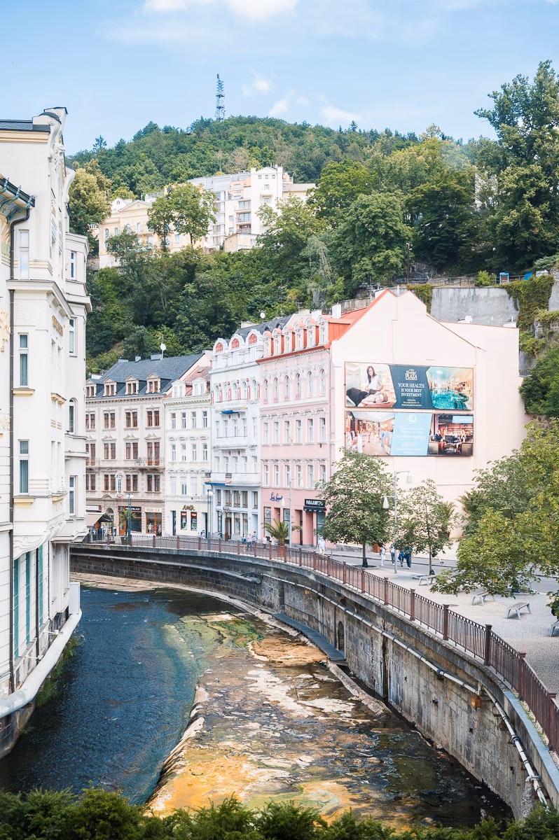 Hot spring water flowing into the Teplá river in central Karlovy Vary