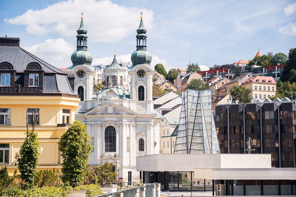 The Hot Spring Colonnade and the Baroque Church of St. Mary Magdalene in Karlovy Vary