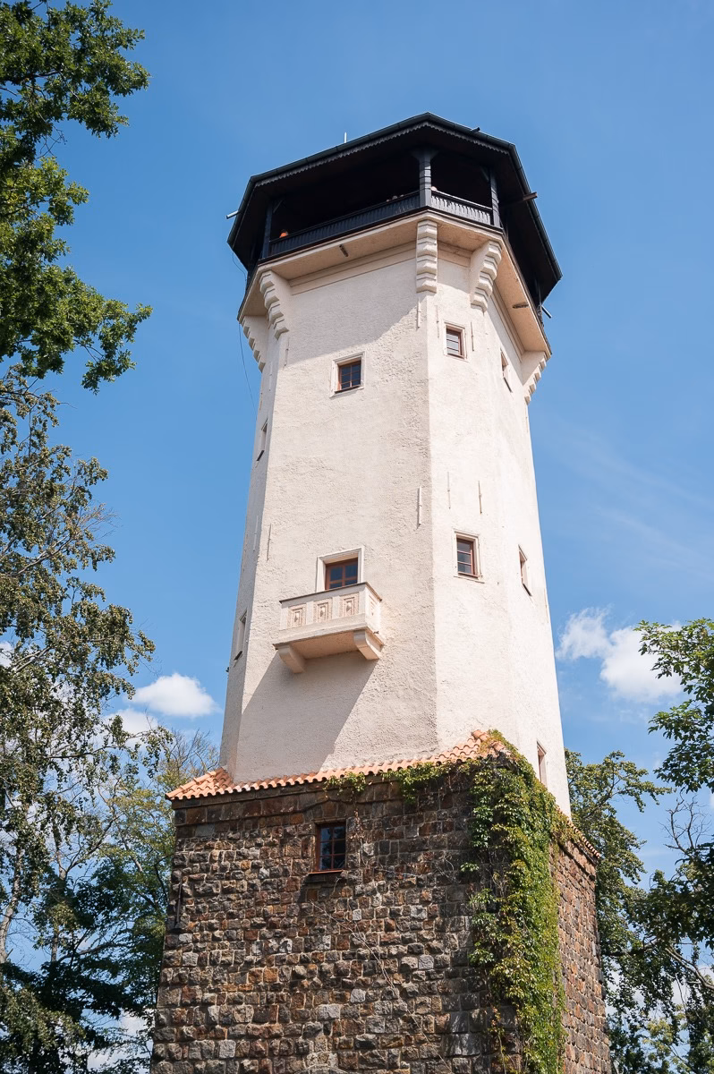 The Diana Lookout Tower above Karlovy Vary, a stone observation tower in the spa forests