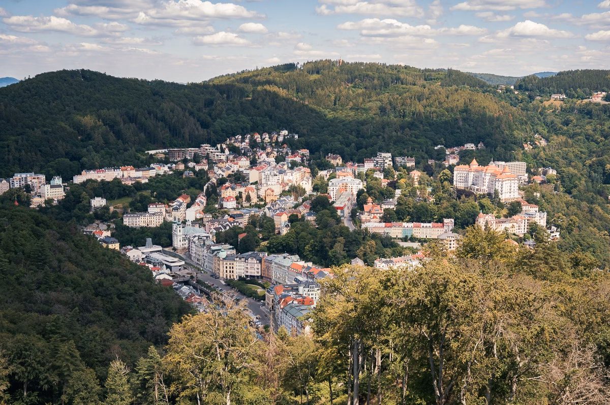 View of Karlovy Vary from the Diana Lookout Tower across the spa forests