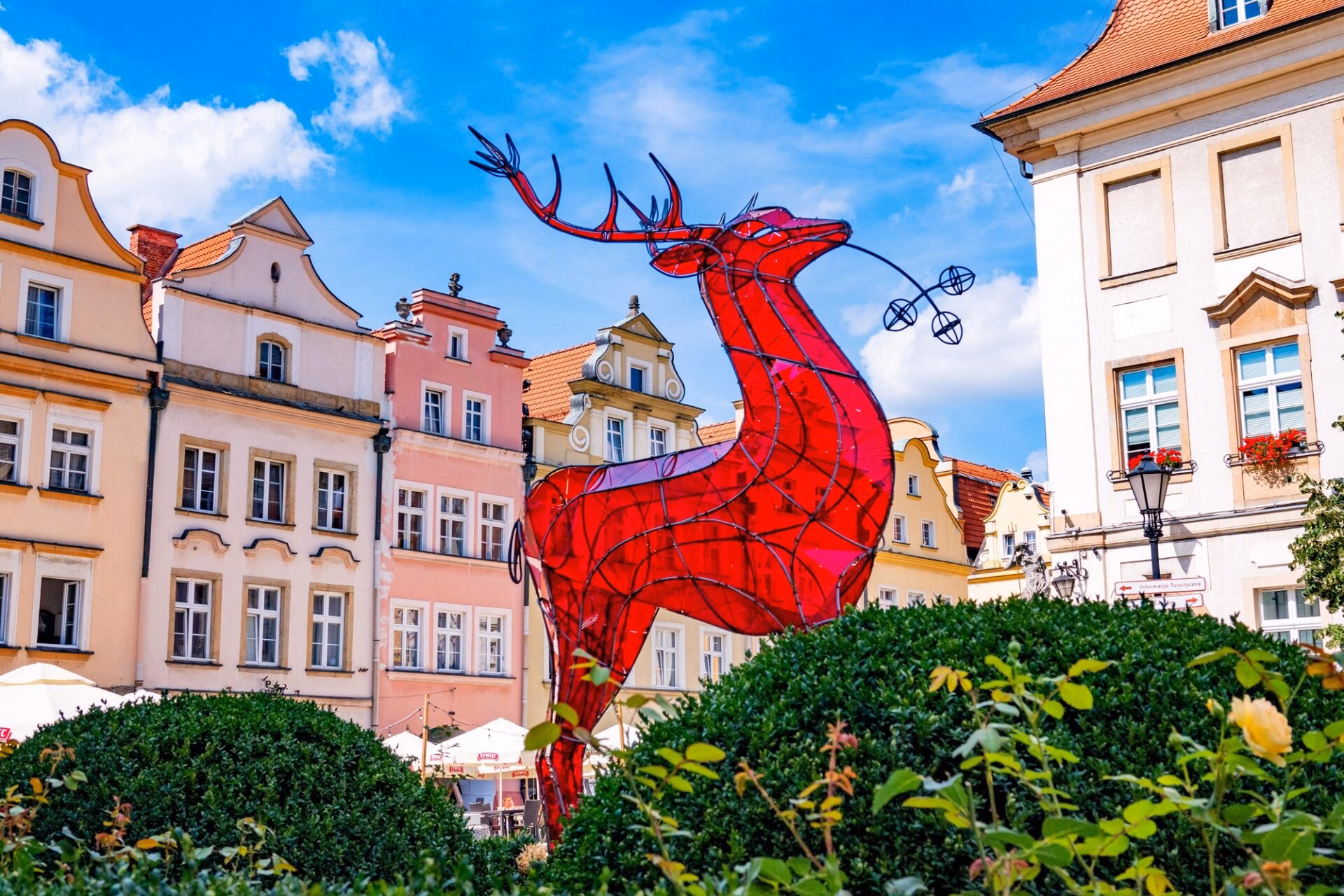 Red glass deer sculpture – the symbol of Jelenia Góra on the Town Hall Square