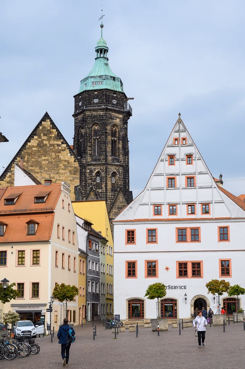 Marktplatz in Pirna with the tower of Stadtkirche St. Marien in the background