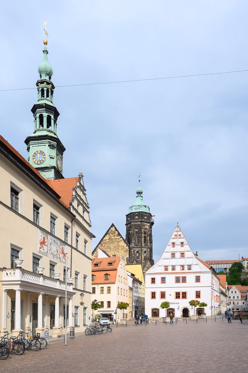 Town hall on Pirna's Marktplatz with the Stadtkirche tower behind