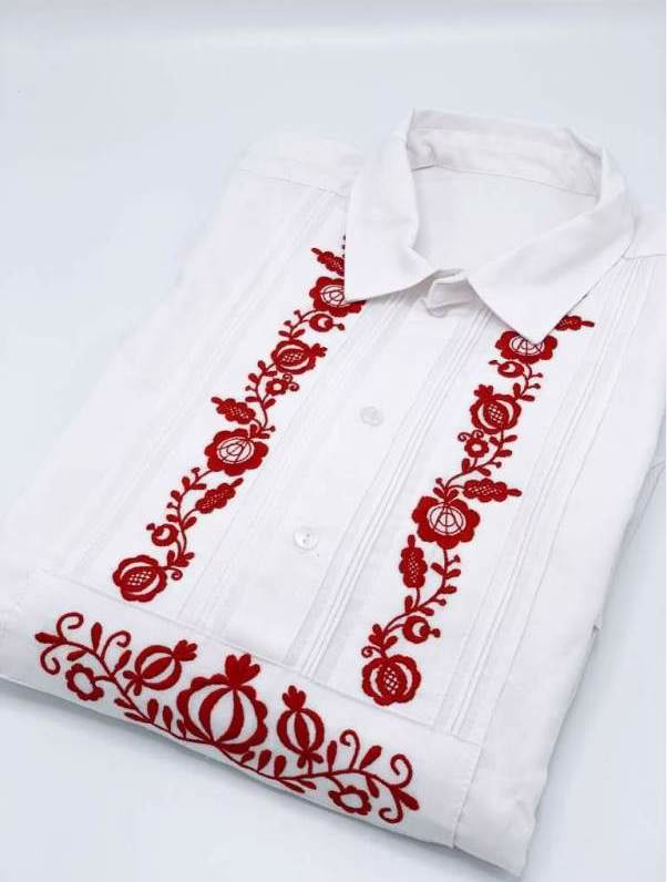 Traditional white embroidered shirt with red floral patterns — a classic Czech souvenir