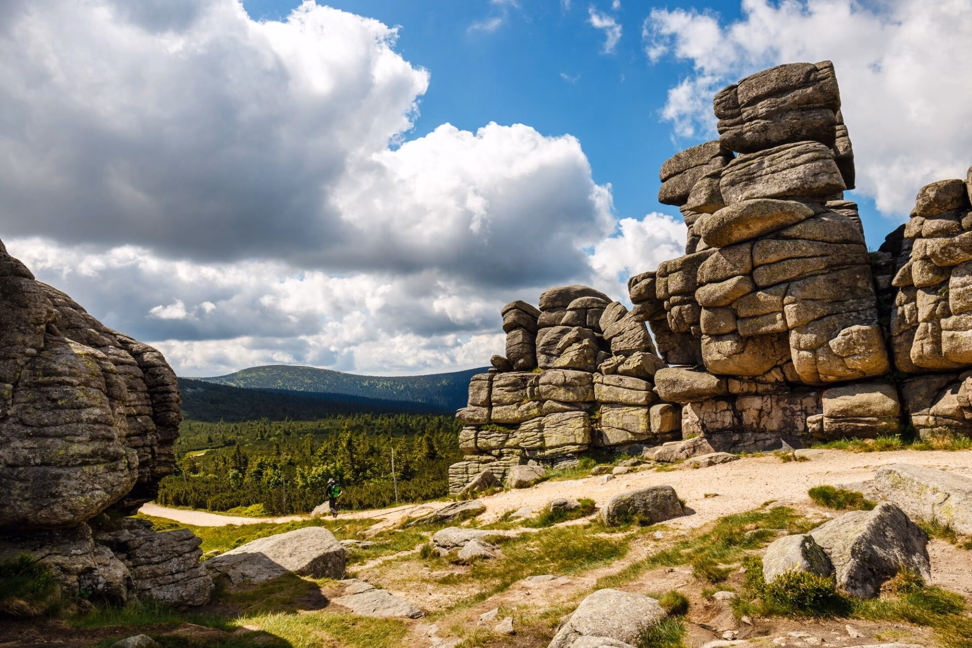 Słonecznik rock formation in the Polish Giant Mountains with views across the landscape
