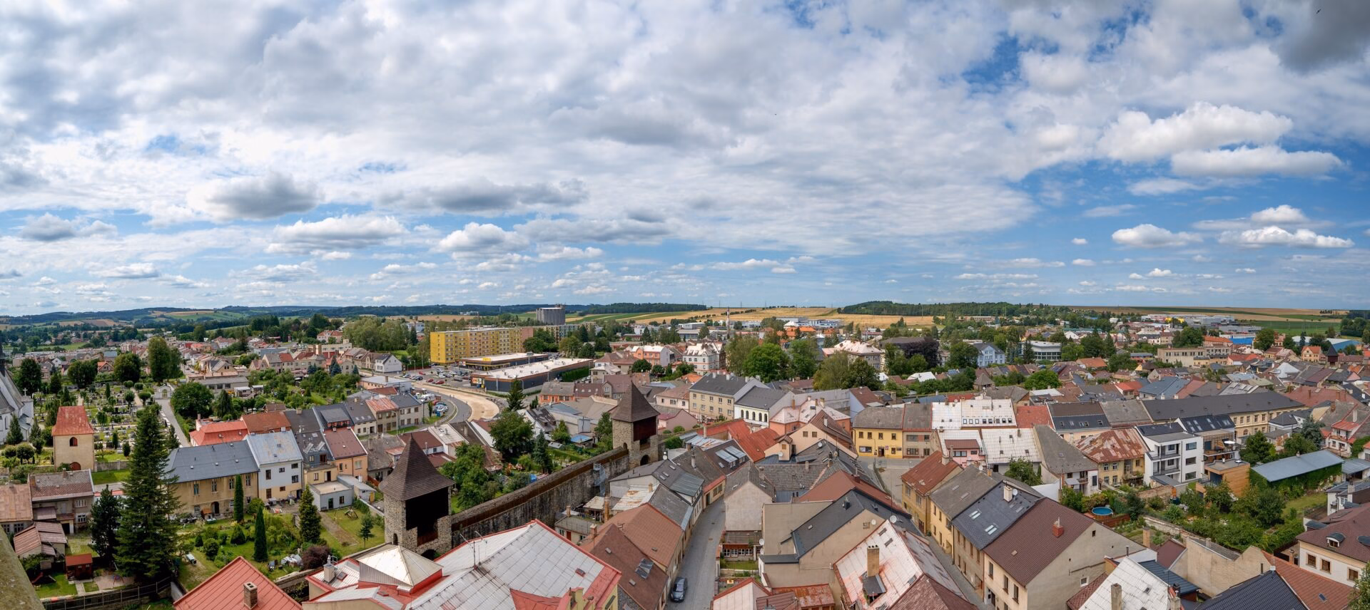 Panorama of Polička from the tower of St. James Church, with a view over the historic centre and surrounding countryside