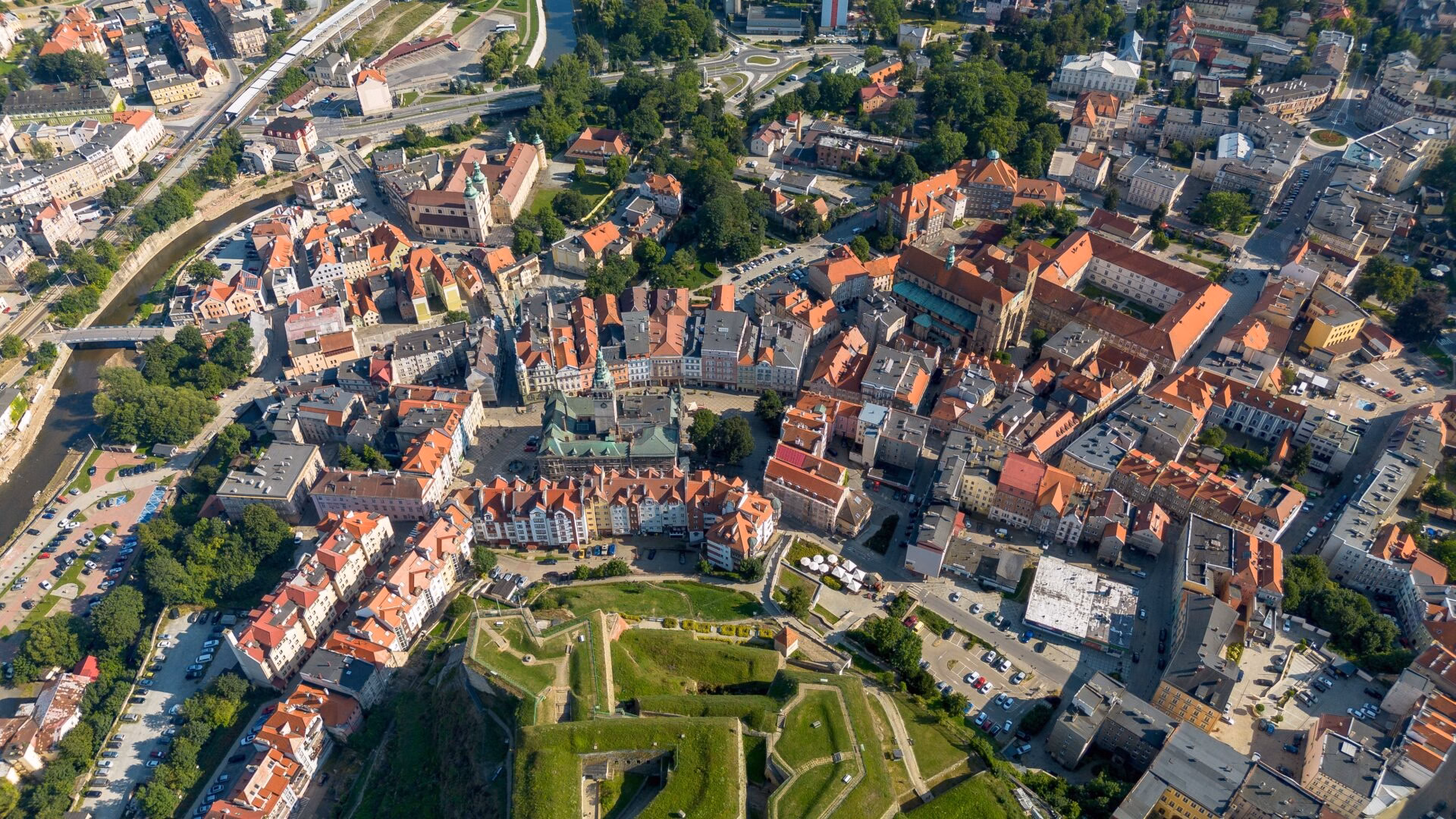 Aerial view of Kłodzko's historic centre with the fortress