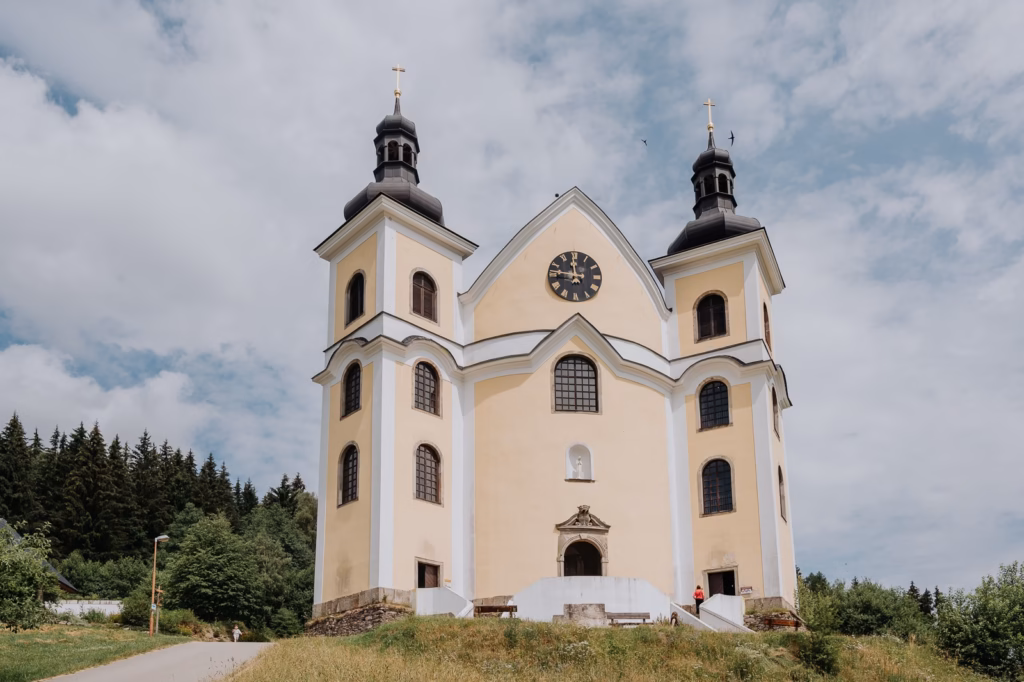 Baroque pilgrimage church of the Assumption of the Virgin Mary in Neratov with a pair of onion towers
