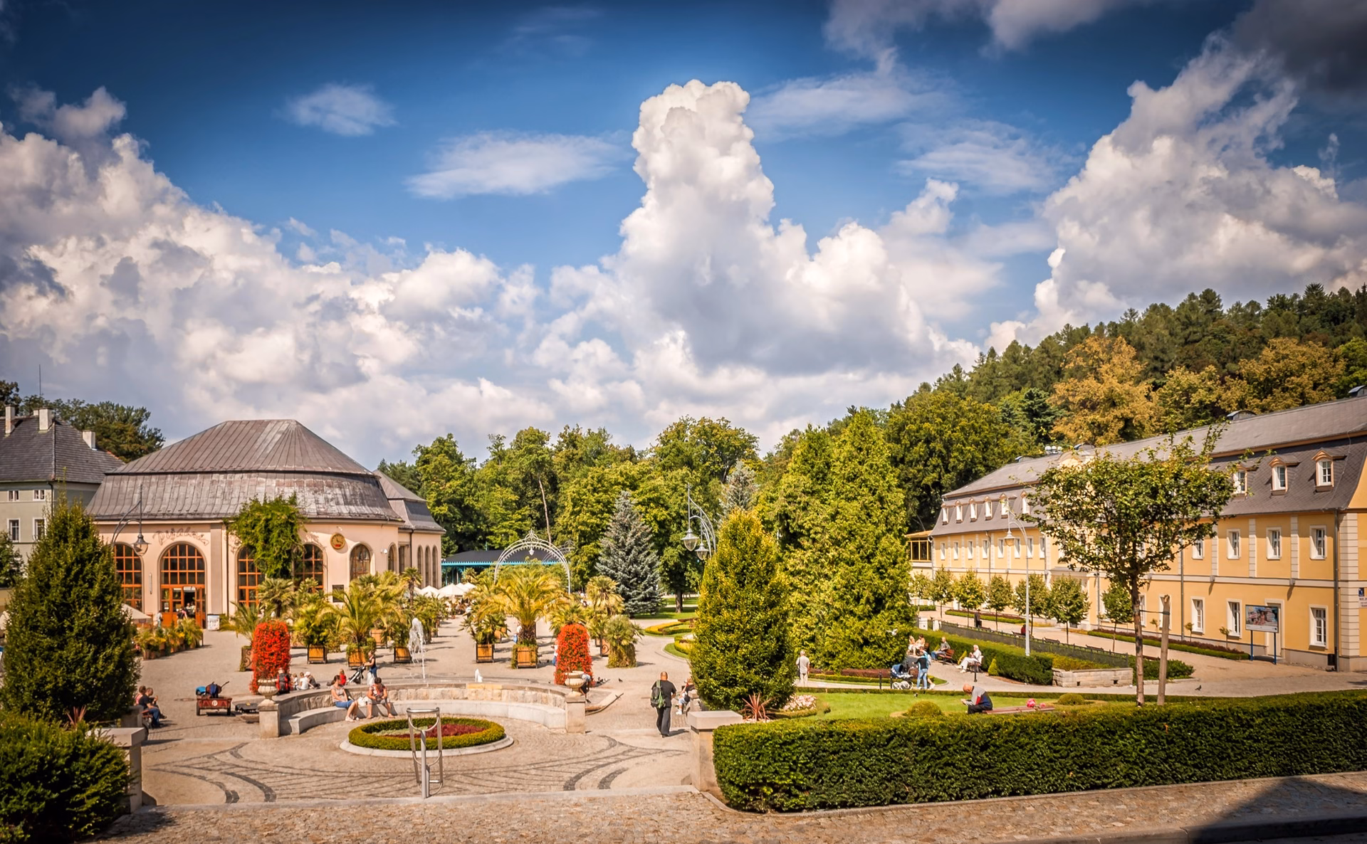 Spa square with a fountain and palm trees in Park Zdrojowy in Kudowa-Zdrój