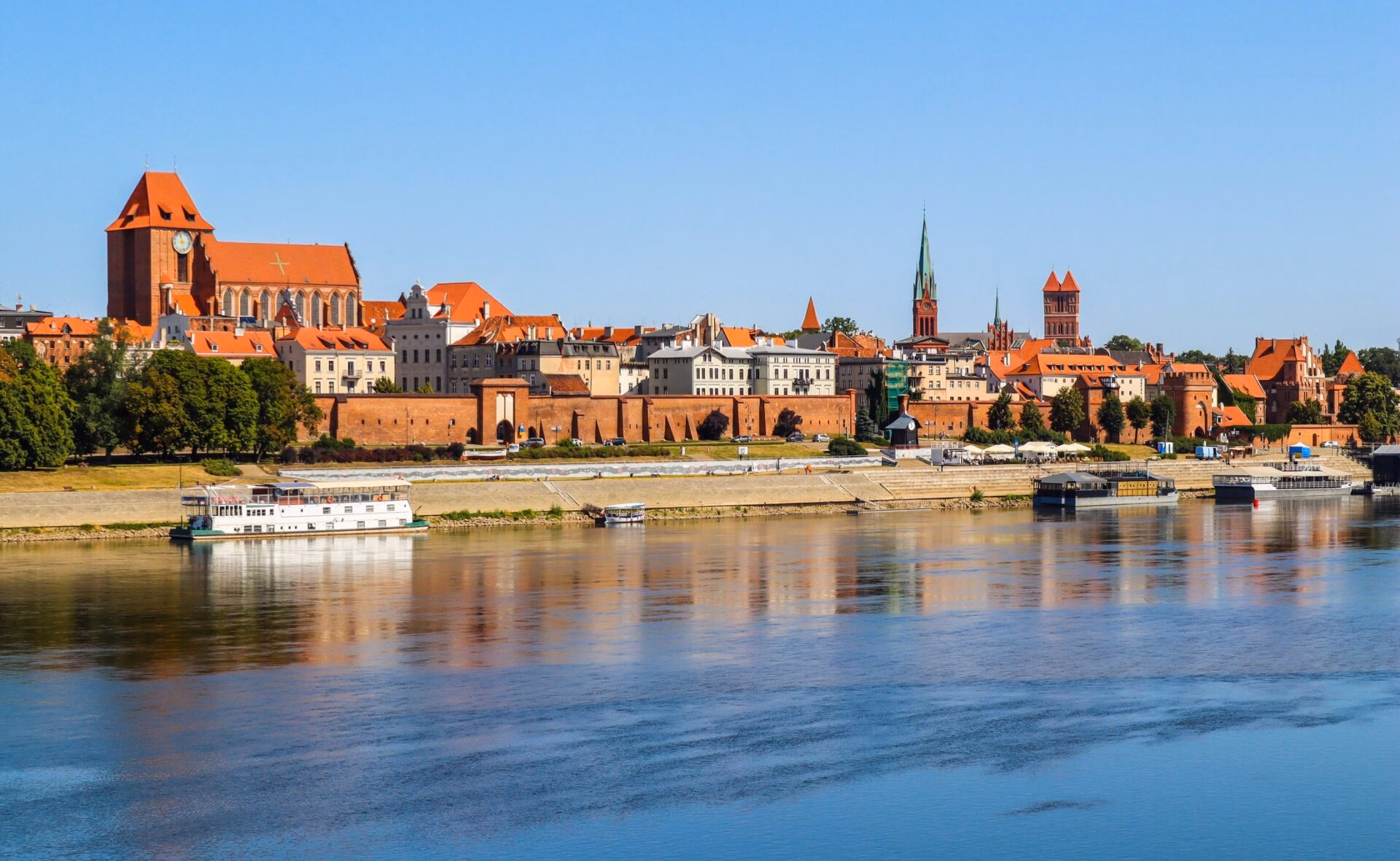 View of Toruń's Old Town skyline from the far bank of the Vistula at Majdany street