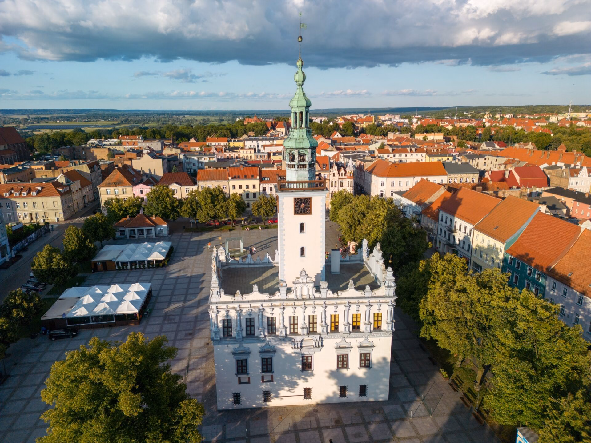 Aerial view of the Renaissance town hall and market square in Chełmno