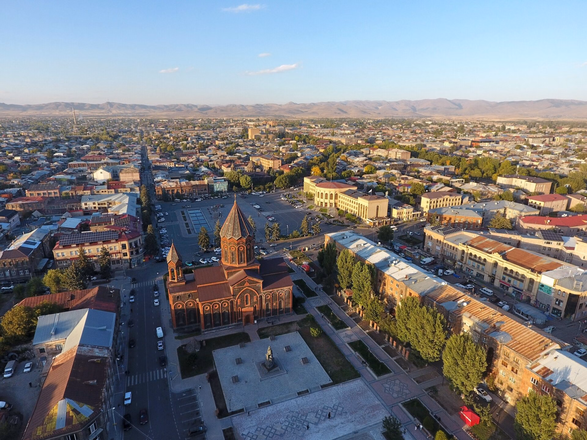 Aerial view of Gyumri, Armenia's second-largest city, with Vartanants Square
