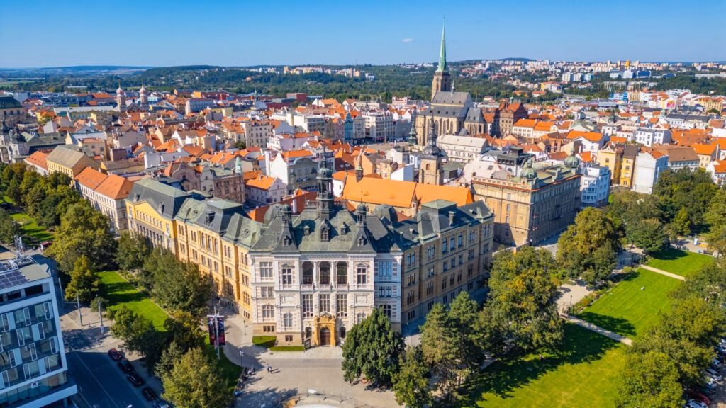 Panorama of Plzeň's historic centre with St Bartholomew's Cathedral