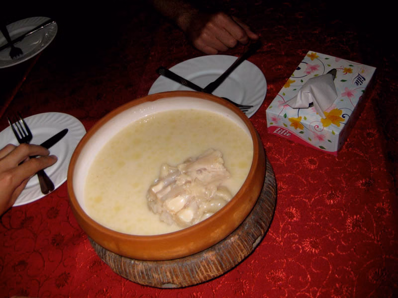 Khash, an Armenian beef-leg soup, served with lavash