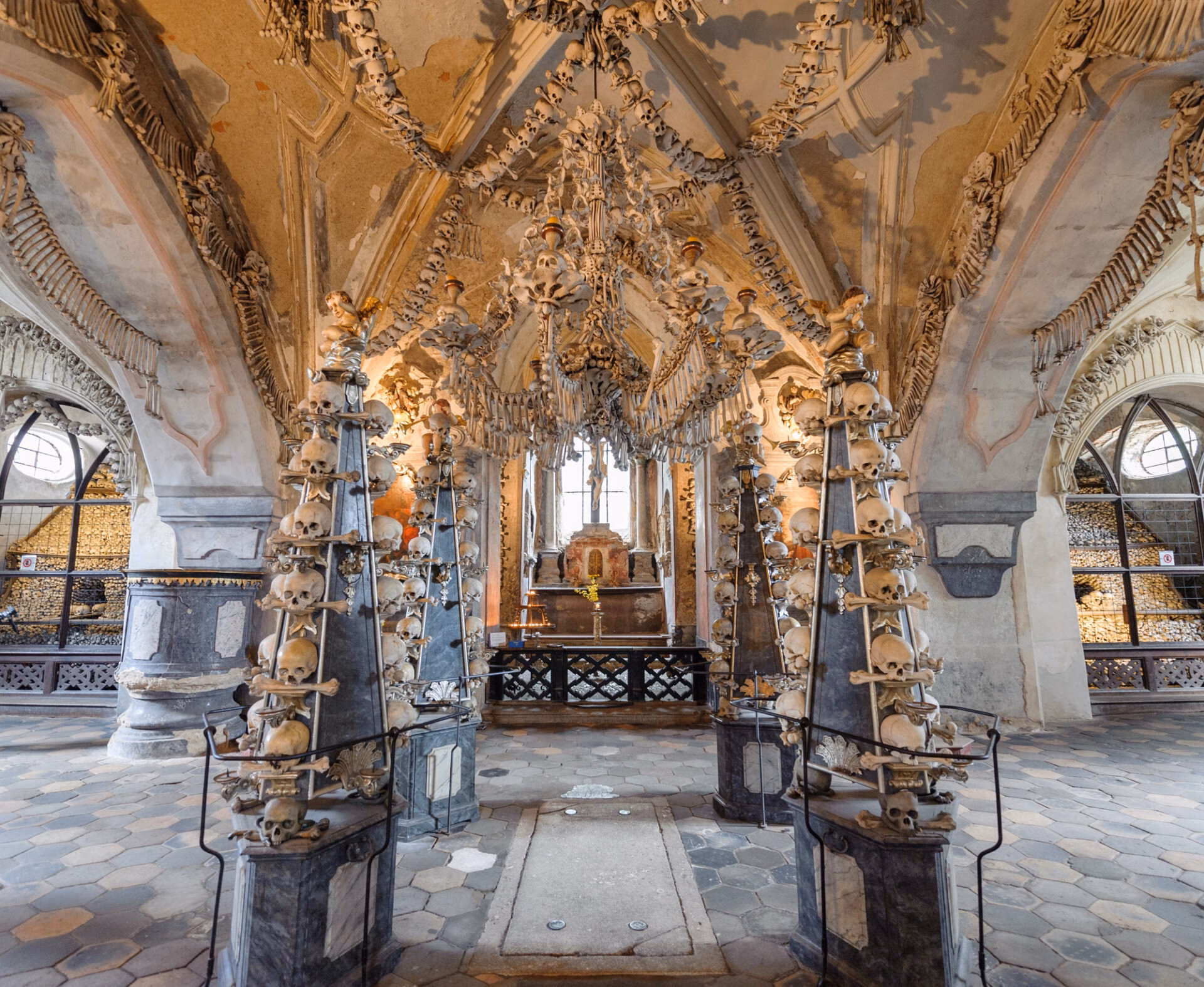Interior of the Sedlec Ossuary near Kutná Hora decorated with human bones