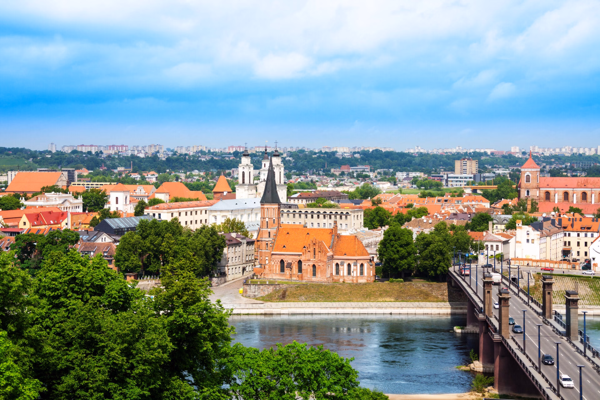 Kaunas panorama with the Nemunas River and the bridge into the centre