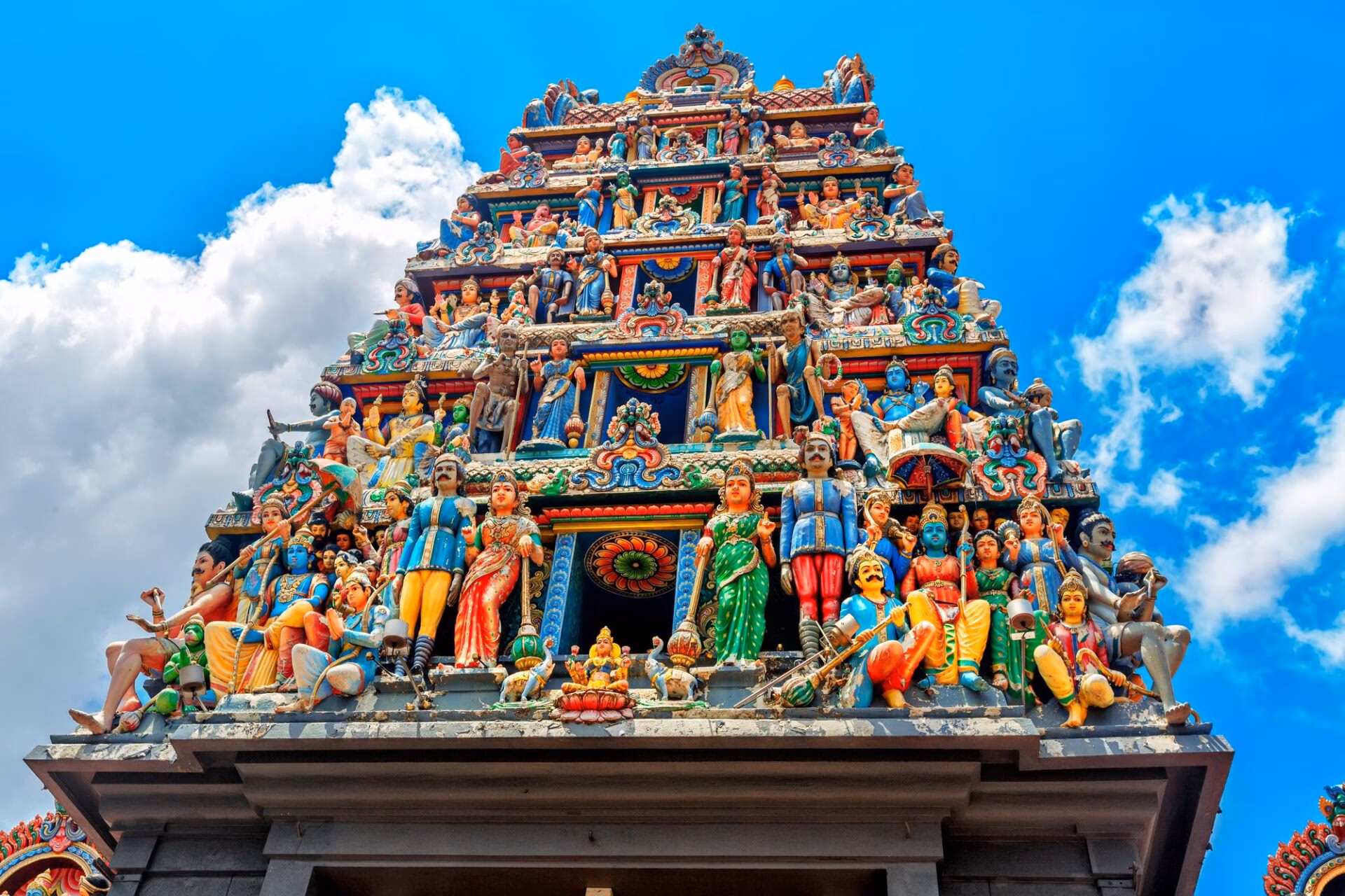 Ornate tower of the Sri Mariamman Hindu temple in Chinatown