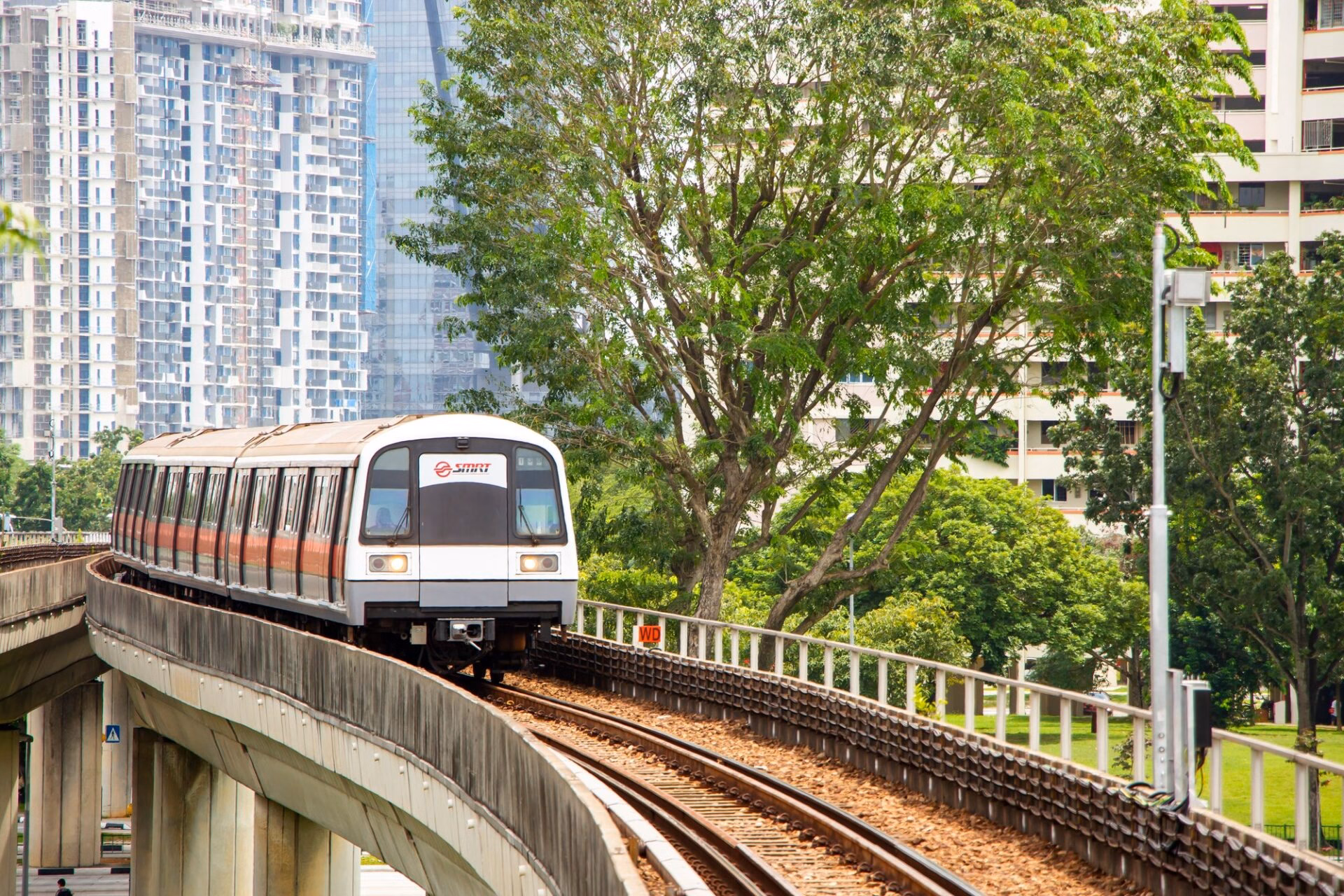 MRT metro train on an elevated track in Singapore