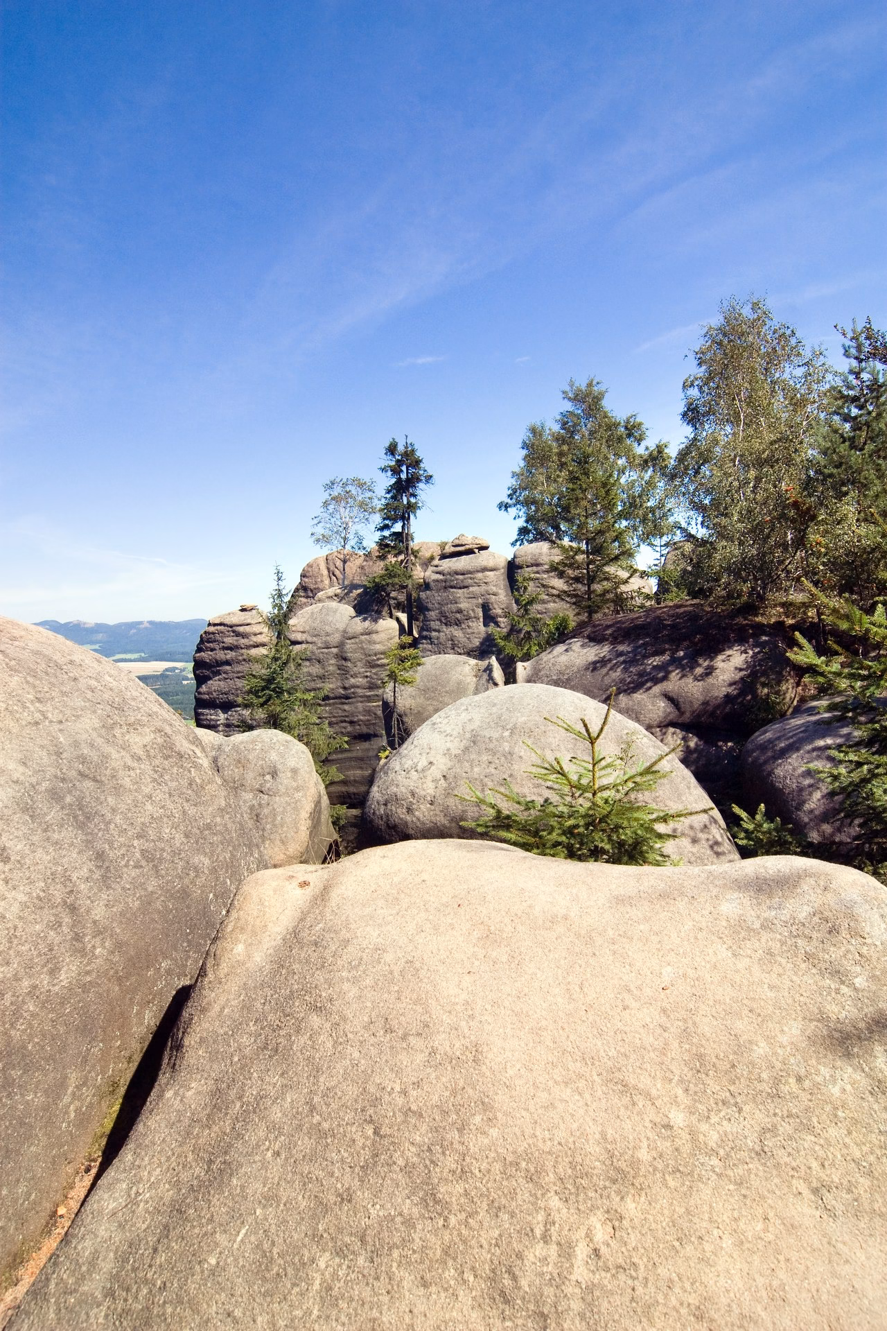 Sandstone boulders on the ridge of the Broumov Walls with a view into the basin