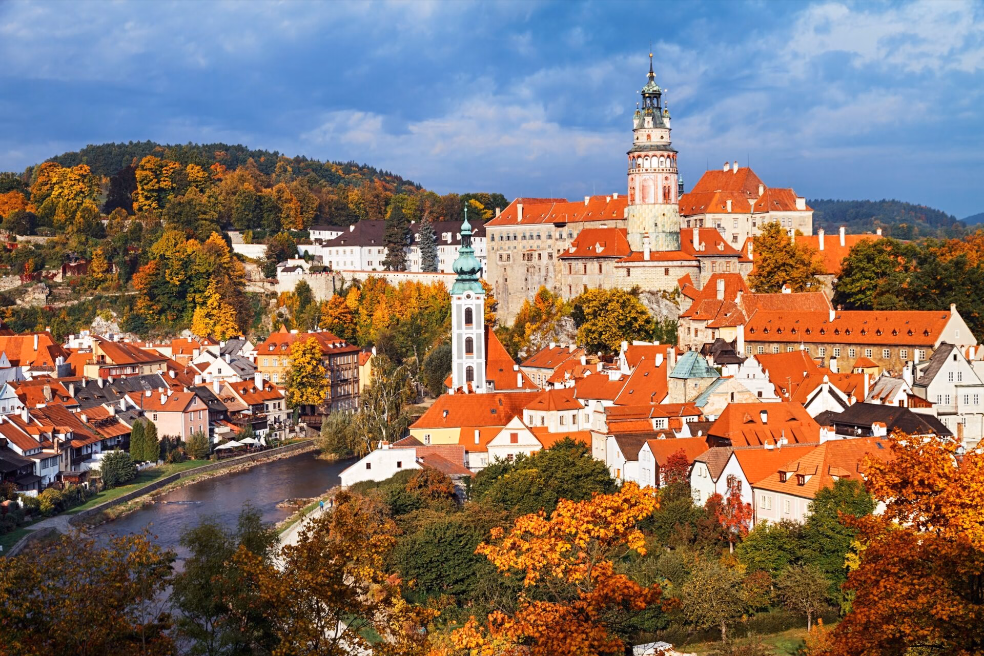 Panorama of Cesky Krumlov Autumn panorama of Cesky Krumlov with the castle tower, UNESCO Czechia