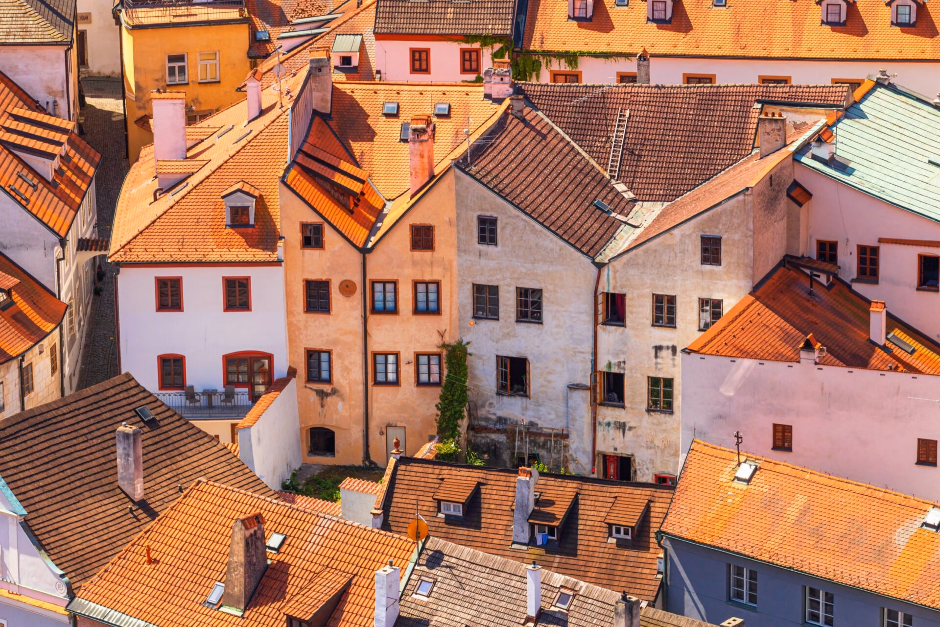 Red rooftops of the historic centre of Cesky Krumlov from a bird's-eye view