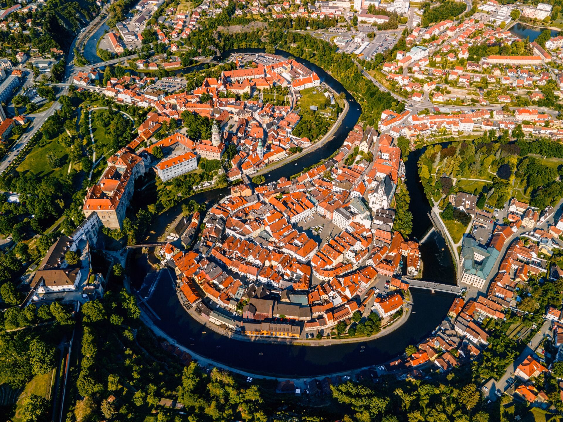 Historic core within the Vltava meander Aerial view of the historic core of Cesky Krumlov within the Vltava's meander, UNESCO