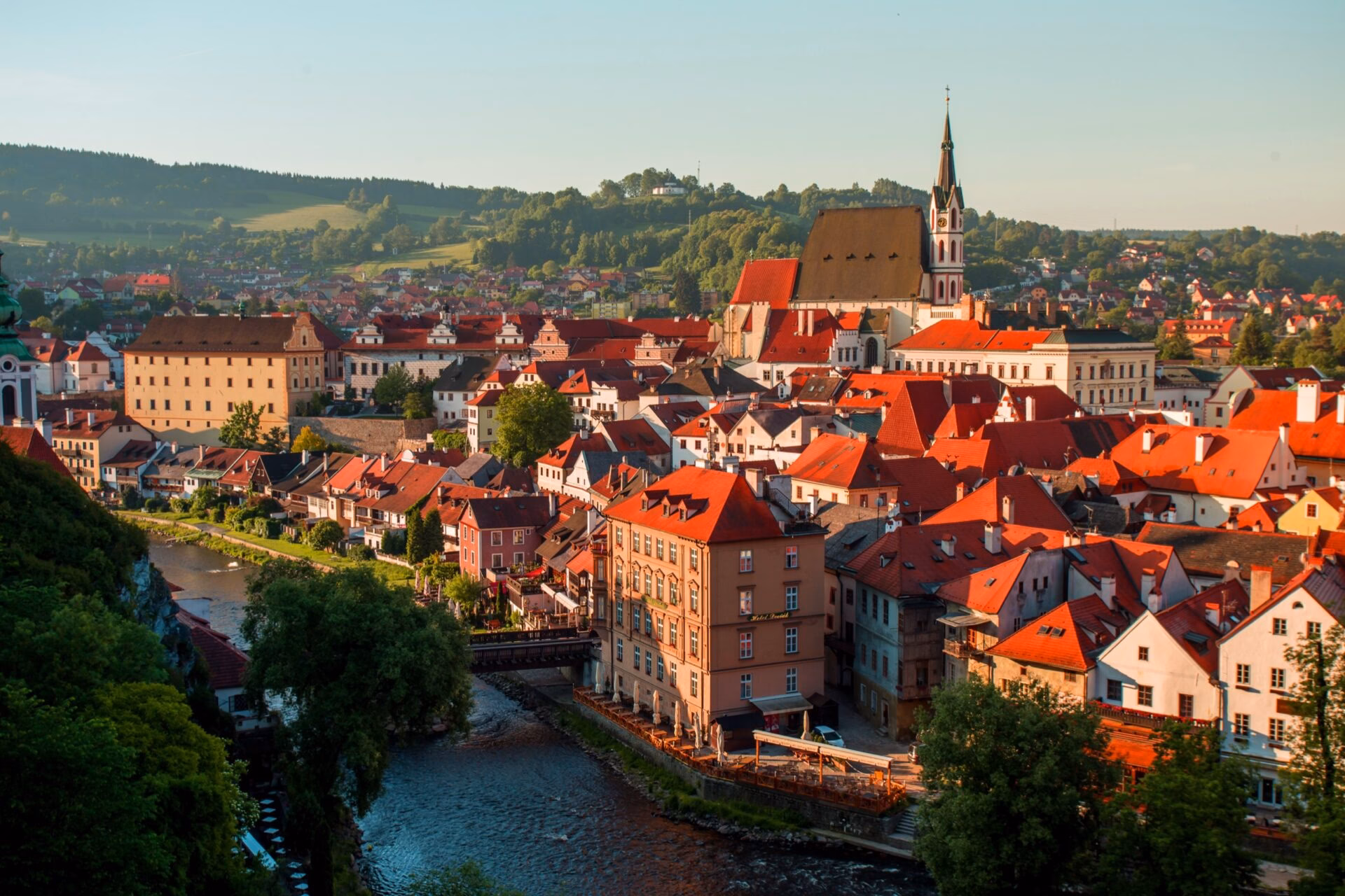Panorama of Cesky Krumlov with the Gothic Church of St Vitus above the Vltava