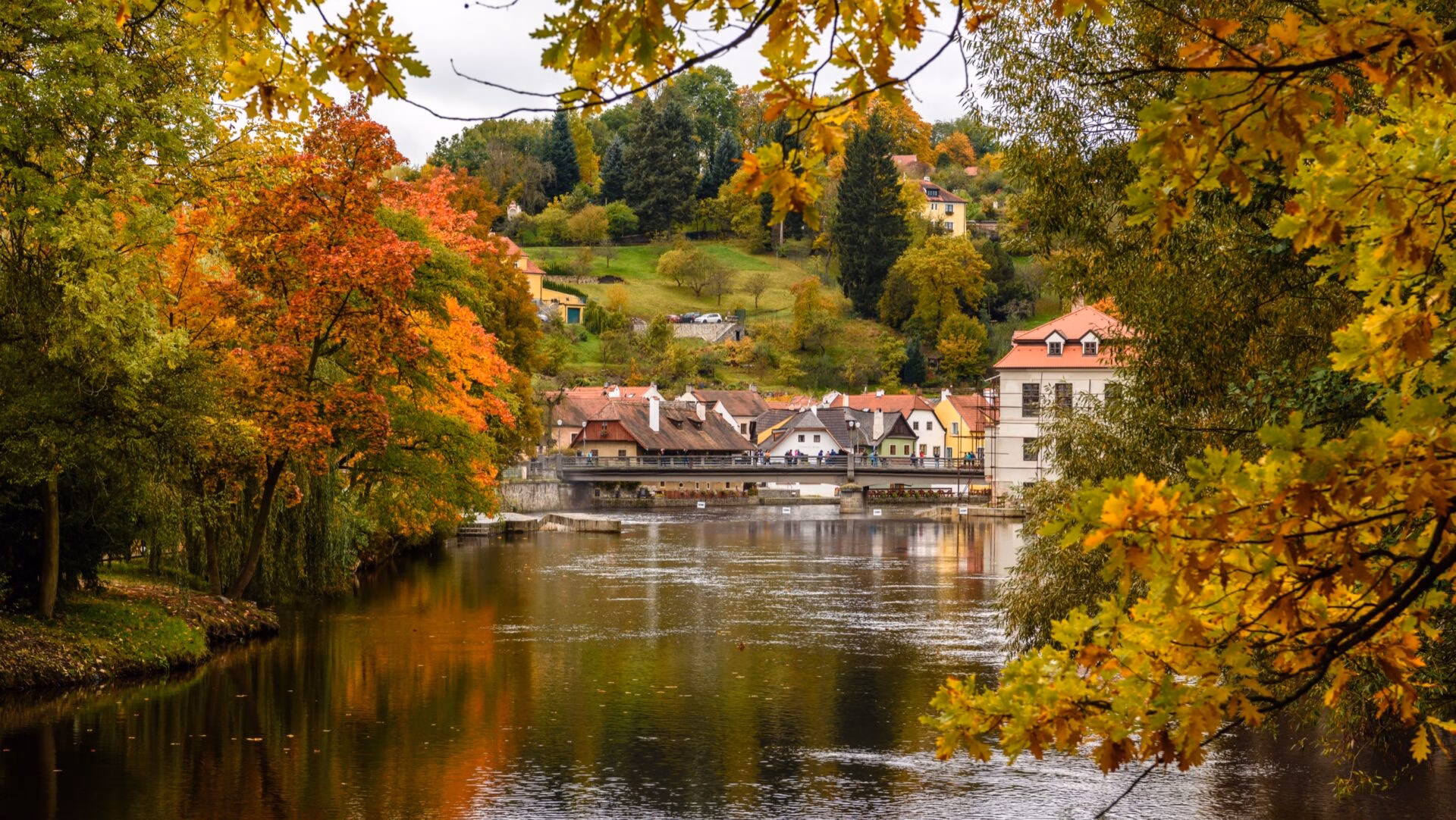 Autumn Vltava river with a weir below Cesky Krumlov