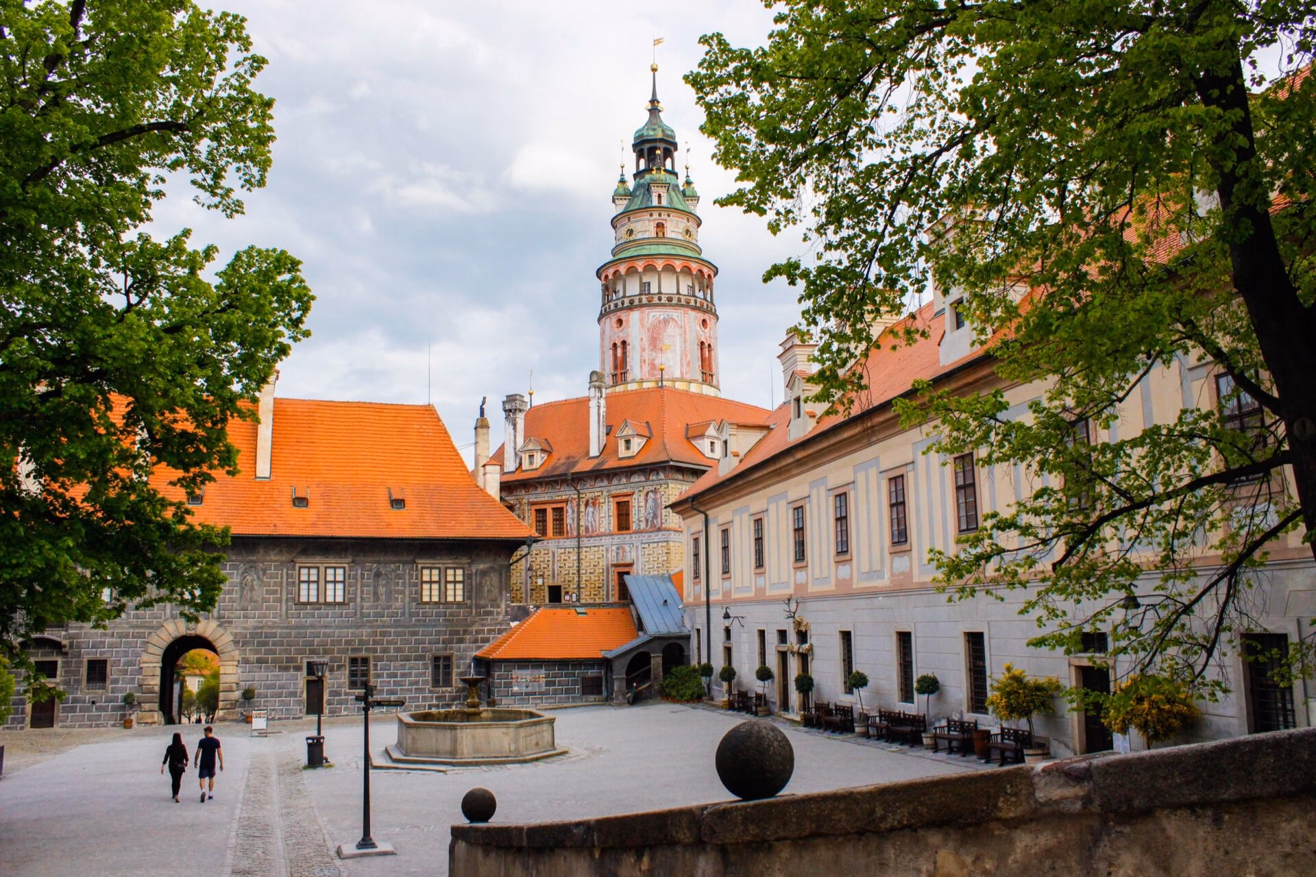 Courtyard of Cesky Krumlov Castle Courtyard of the state castle of Cesky Krumlov with the castle tower