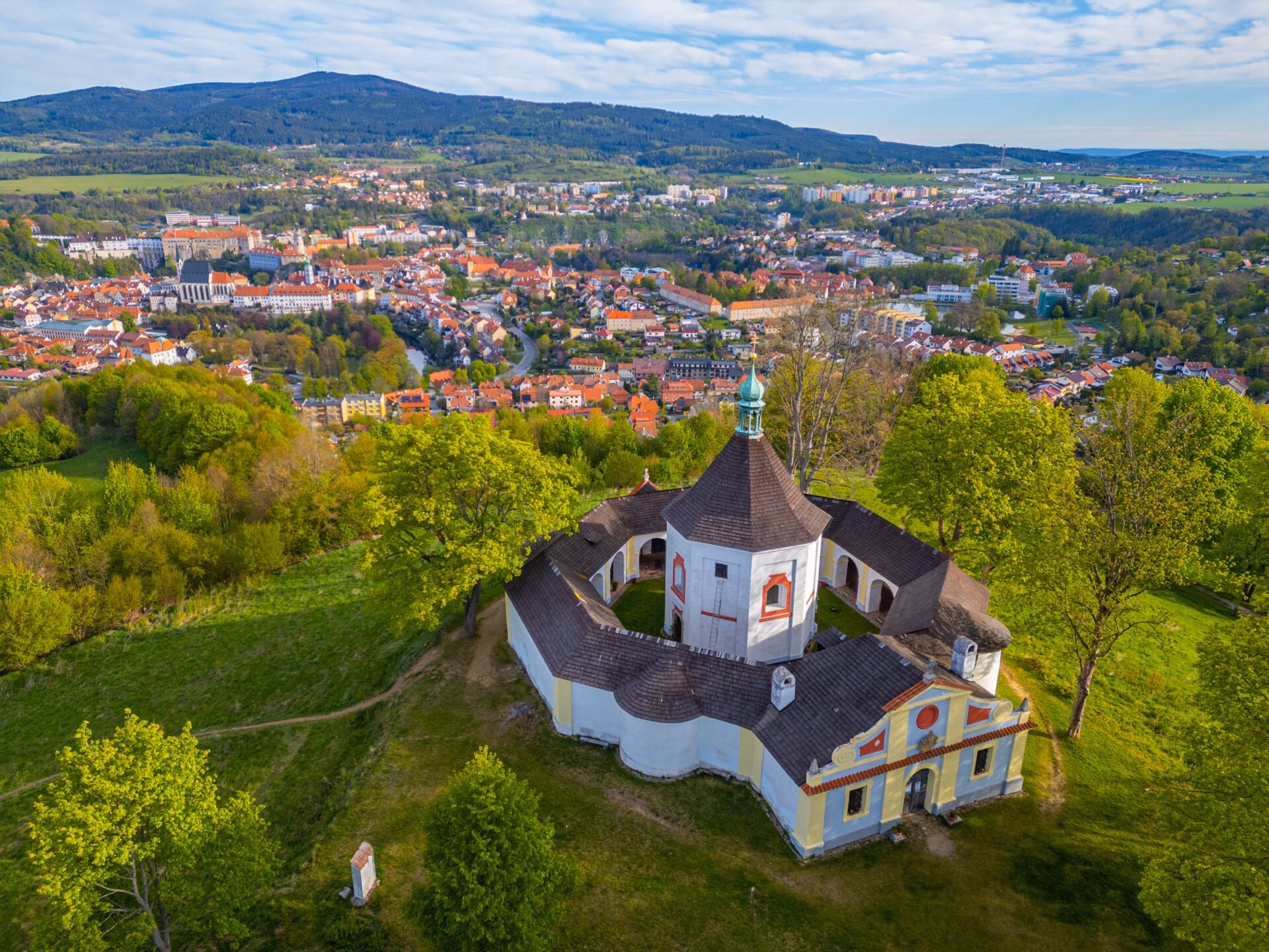 Kriz Hill Aerial view of the pilgrimage site on Kriz Hill above Cesky Krumlov