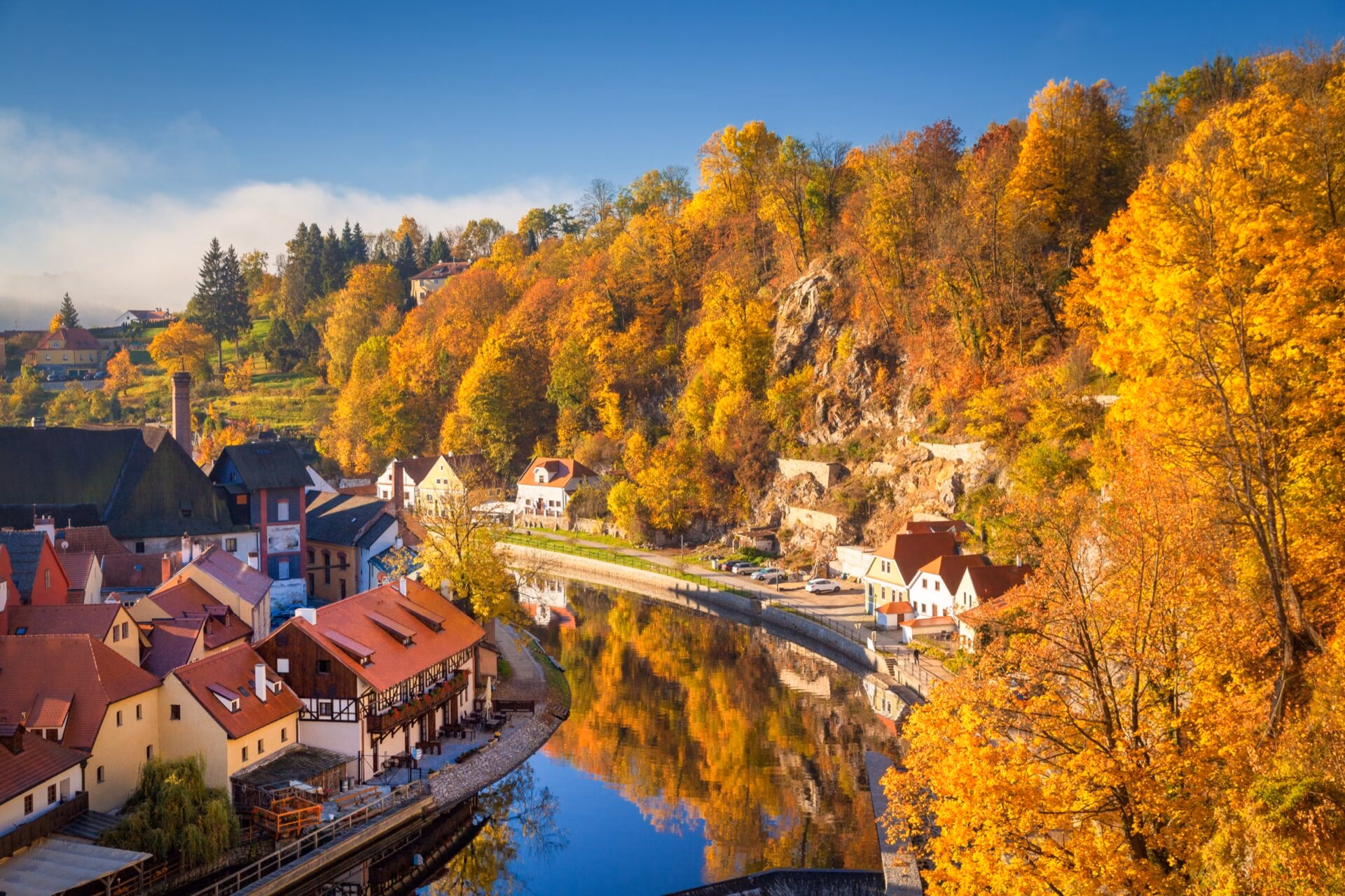 Autumn Vltava valley with rocks near Cesky Krumlov