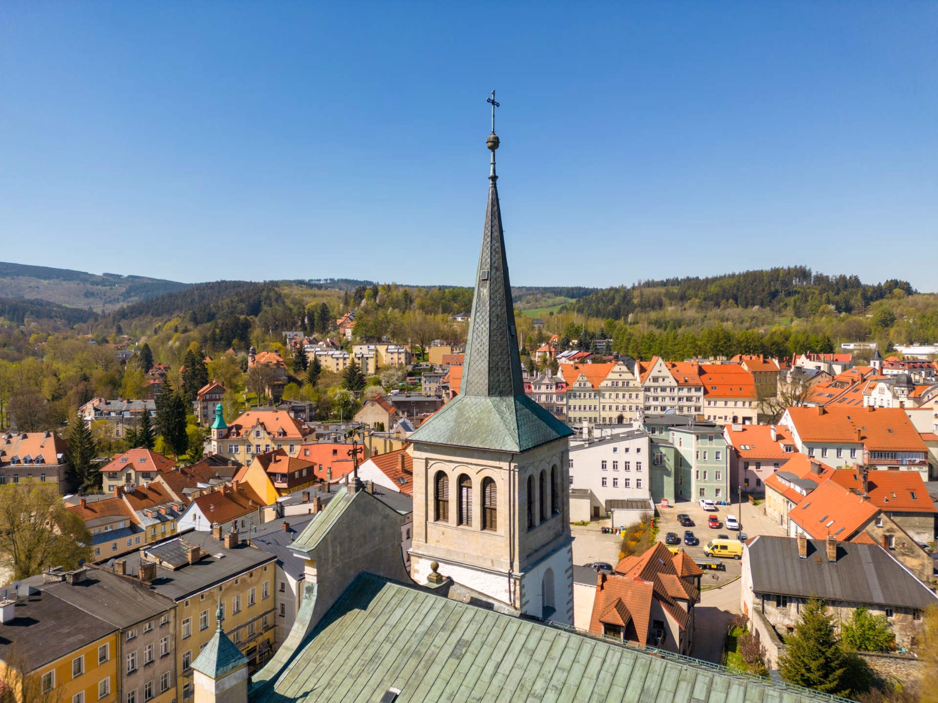 Duszniki-Zdrój from above Aerial view of Duszniki-Zdrój with the tower of the Church of St Peter and St Paul