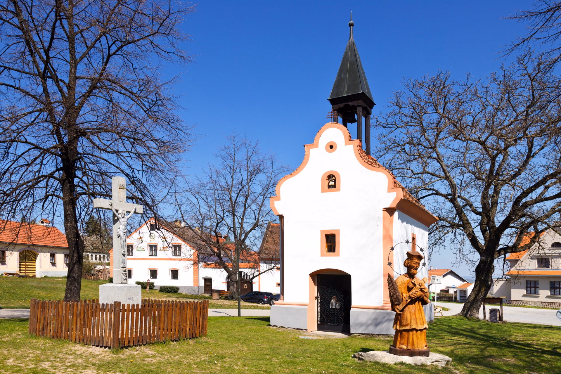 The 1755 baroque chapel of St. John of Nepomuk on the green in Holašovice