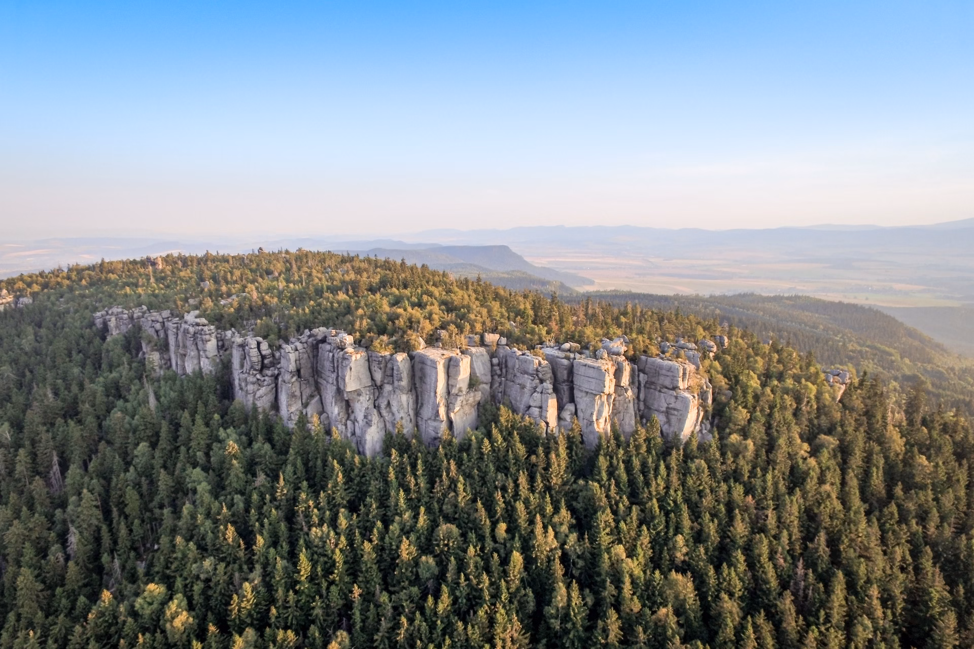 Szczeliniec Wielki Aerial view of Szczeliniec Wielki in the Table Mountains at sunrise
