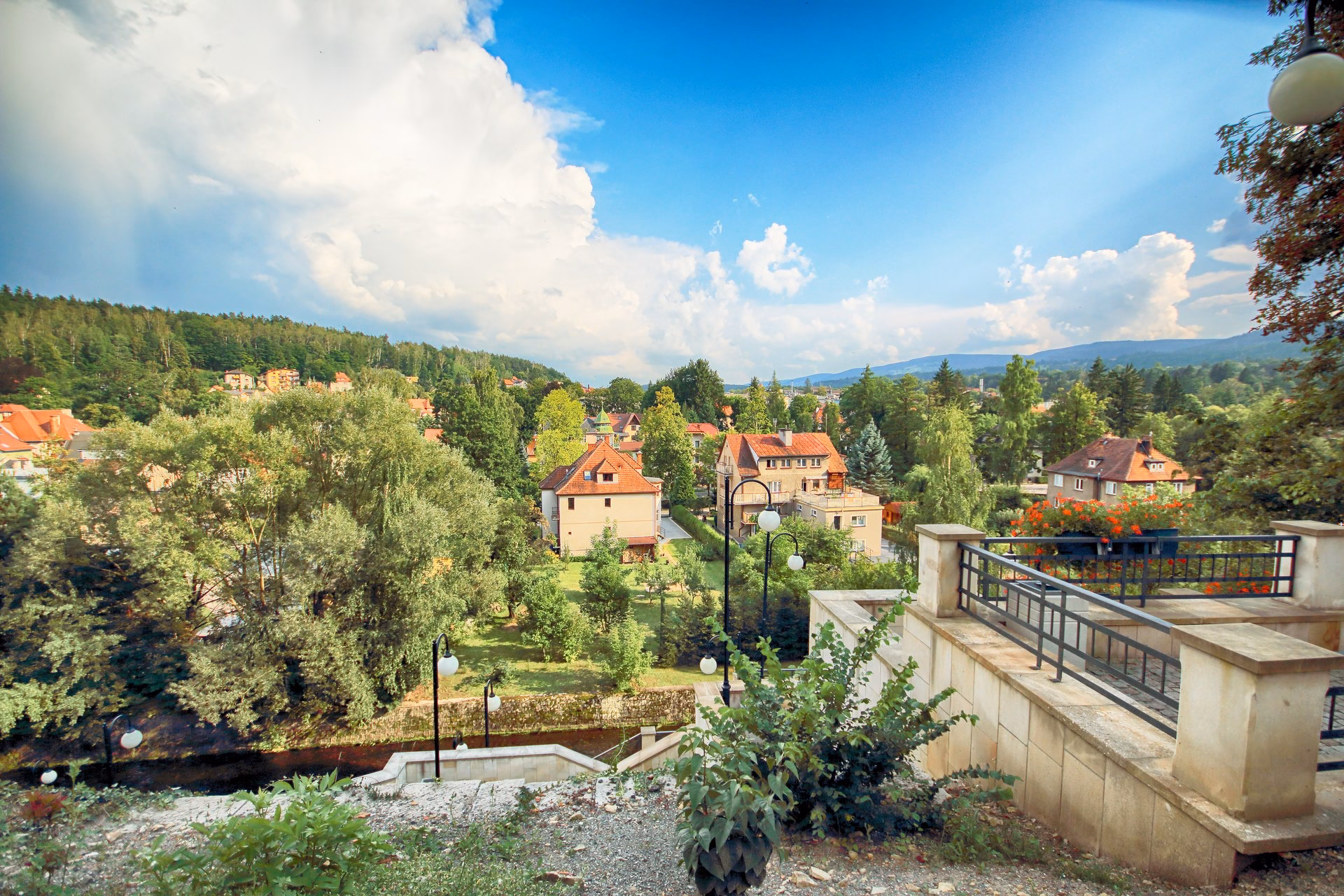 Polanica-Zdrój in the Bystrzyca Dusznicka river valley with spa villas