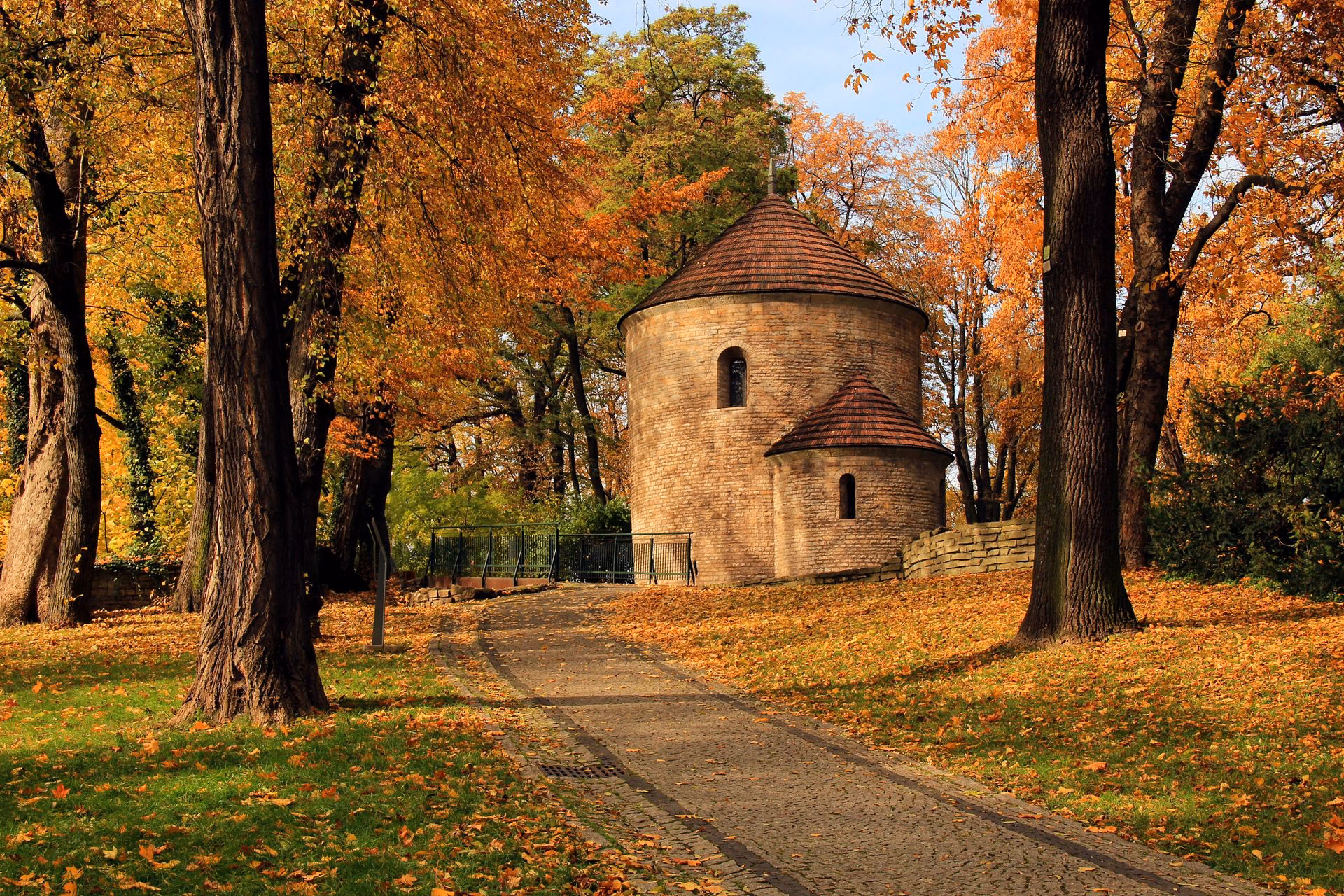 The Rotunda of St Nicholas and St Wenceslas in Cieszyn in the autumn park on Castle Hill