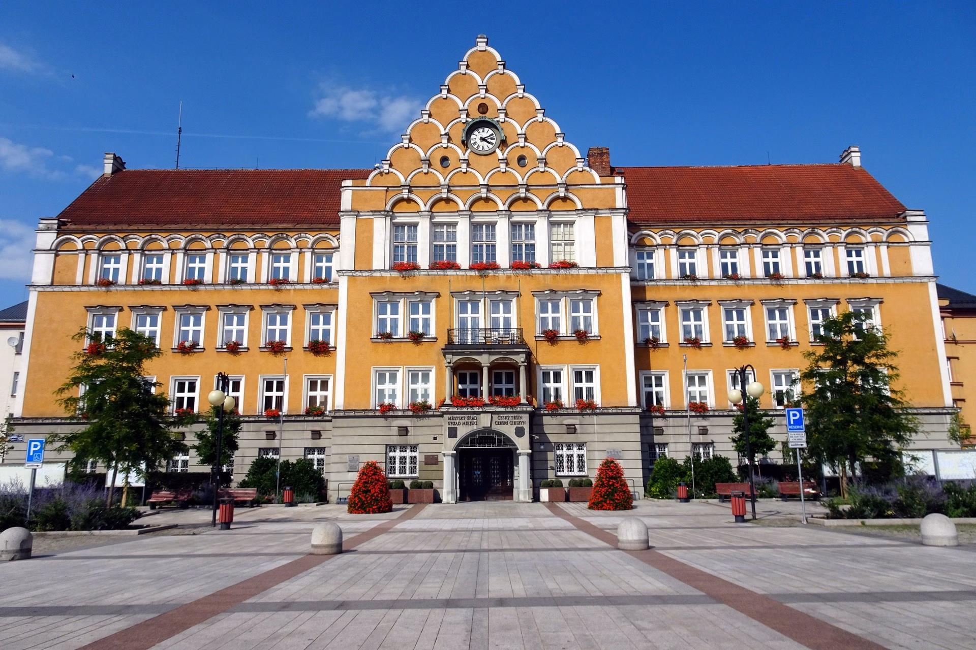 The neo-Renaissance town hall of Český Těšín on ČSA Square with its arched gable and clock