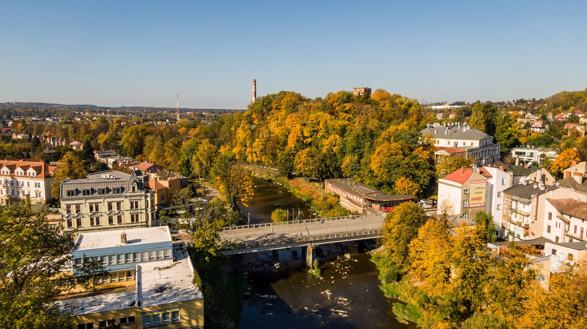 The Olza river between Český Těšín and Cieszyn from above, with Castle Hill and the Piast Tower in the background