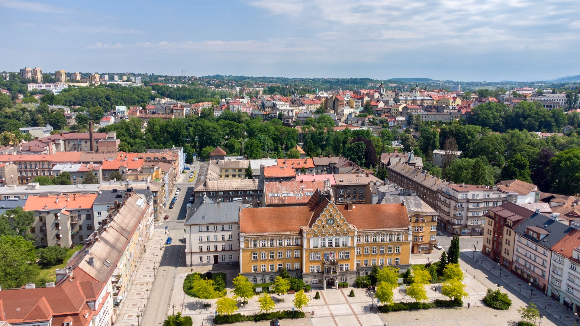 Aerial view of ČSA Square and the neo-Renaissance town hall of Český Těšín