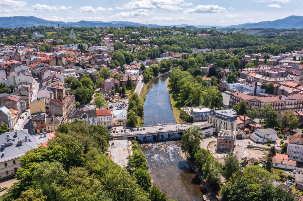 Friendship Bridge over the Olse River between Cieszyn and Cesky Tesin from an aerial perspective