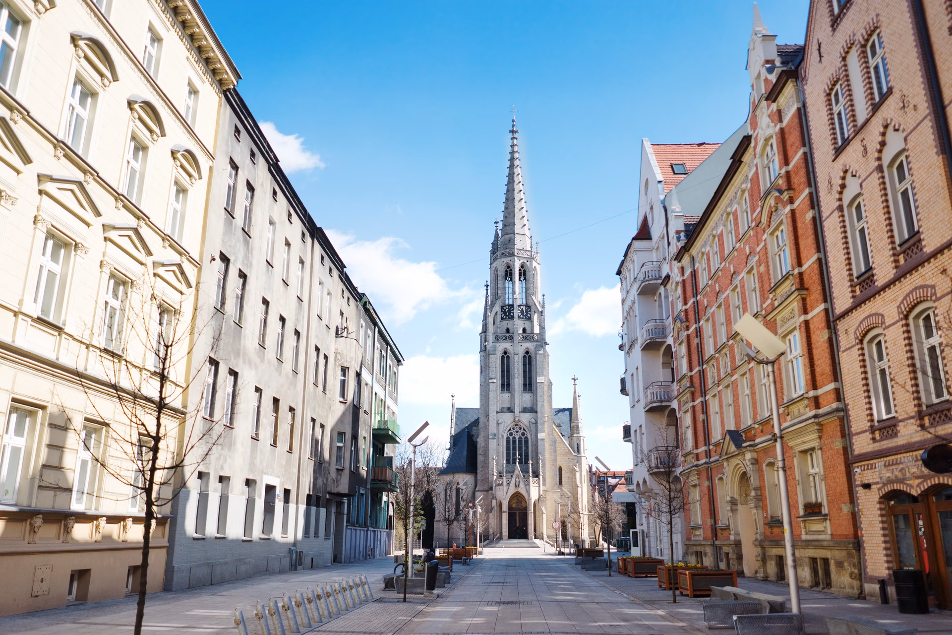 Mariacka Street in Katowice with the neo-Gothic Mariacki church