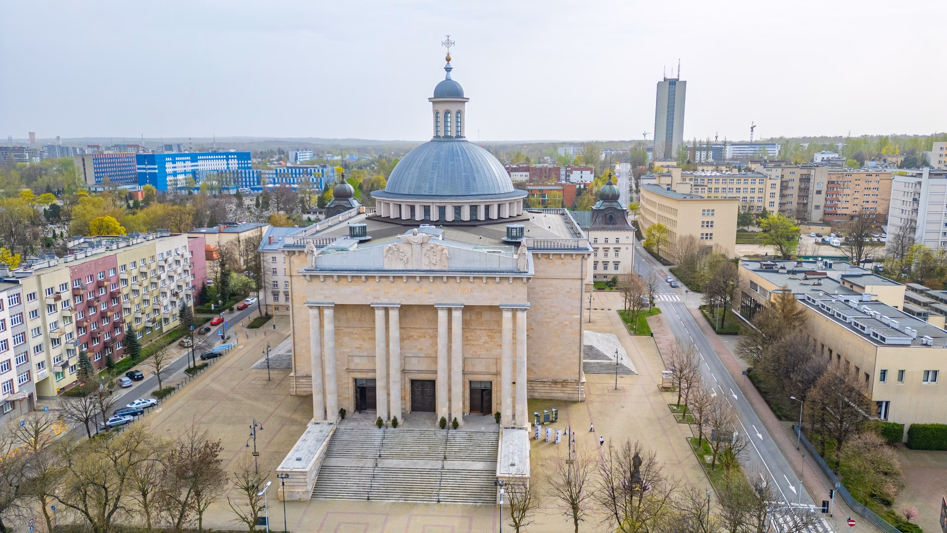 Cathedral of Christ the King in Katowice, the largest cathedral in Poland, seen from above