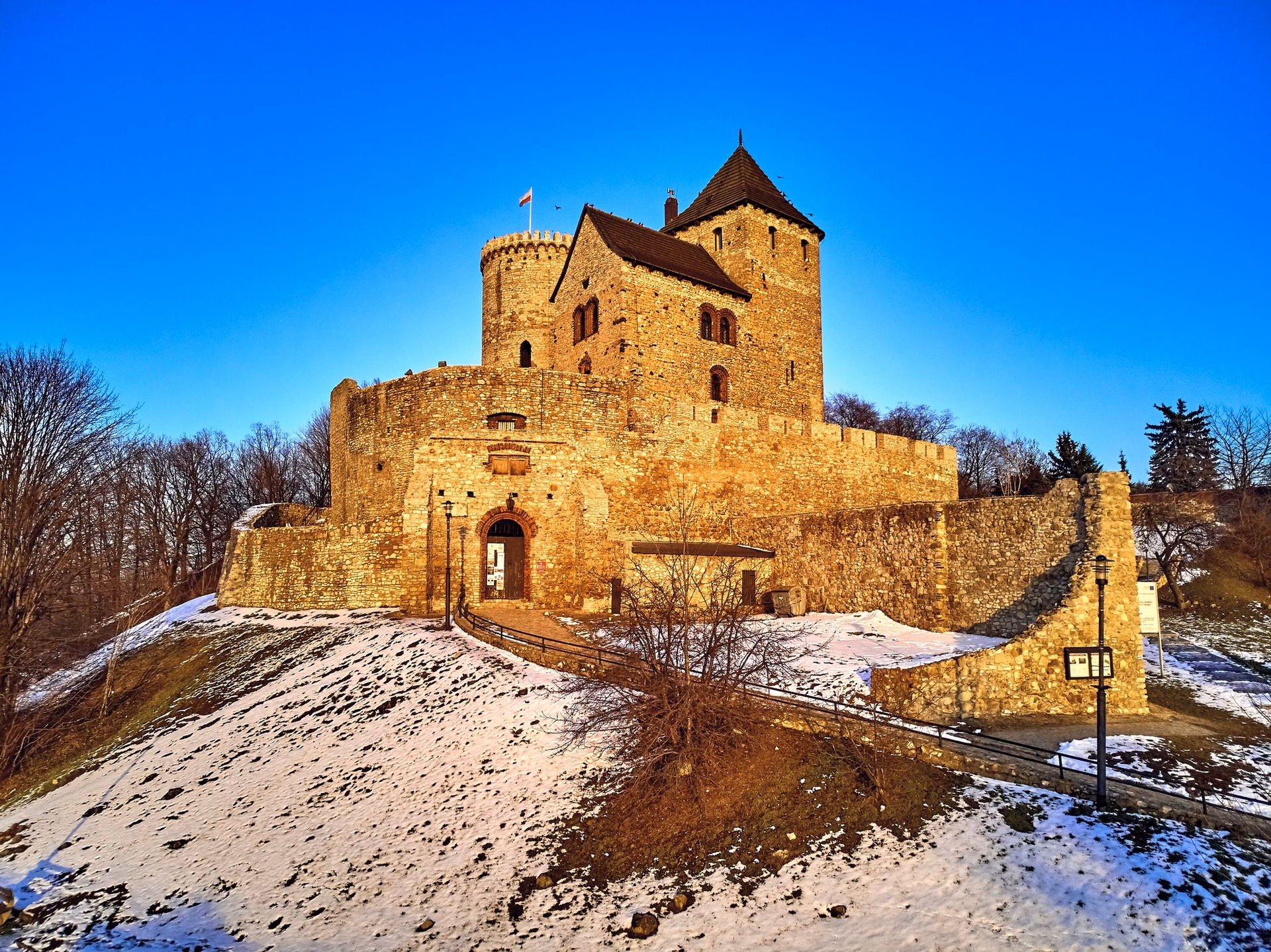 Gothic castle in Będzin on a hill above the town in winter