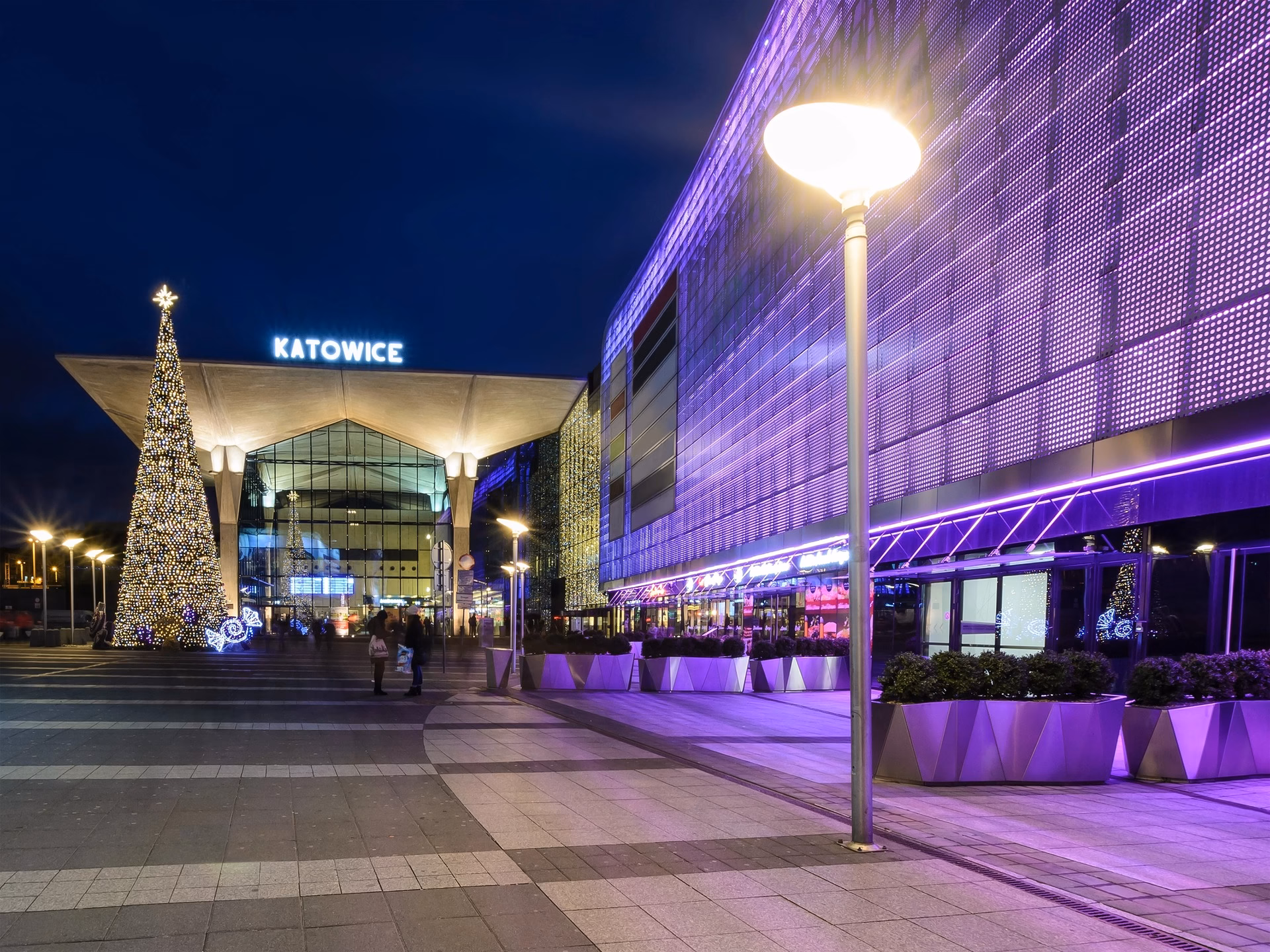 The area around Katowice main station lit up for Christmas in the evening